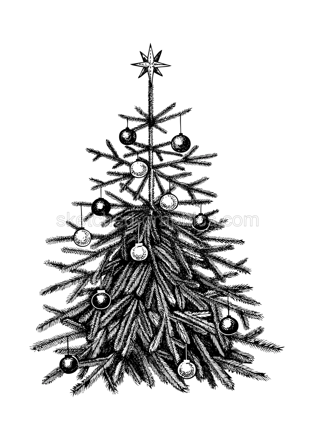 Christmas tree sketch. Hand-drawn vector illustration. Beautiful Christmas fir with decorations - balls, garlands, bulbs, in vase. Christmas market tree drawing. Illustration
